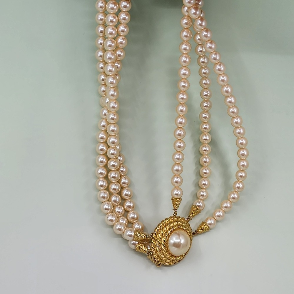 Richelieu Triple Strand Faux Pearl Necklace Gold Tone Statement Vintage Bridal